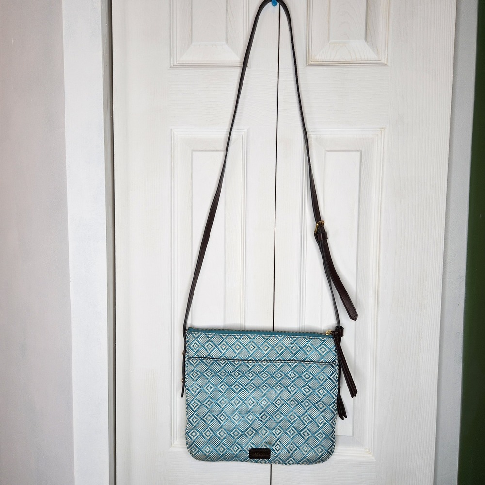 Fossil Fiona Crossbody Bag Teal Geometric Diamond Woven Fabric Boho Small